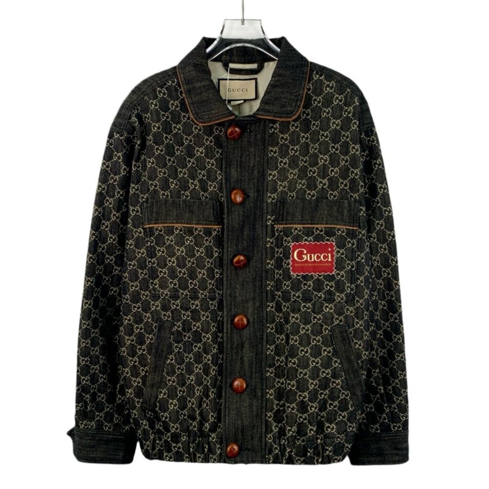 DM0083 Gucci GG Monogram Denim Jacket With Red Patch Logo